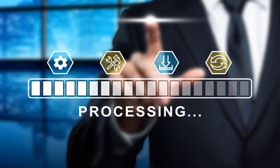 Processing Bar with Businessman Pointing - System Update, Installation, Loading Concept. Progress Indicator with Gear, Wrench, Download, Refresh Icons