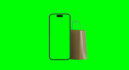 A modern smartphone with a blank screen positioned next to a brown paper shopping bag against a...