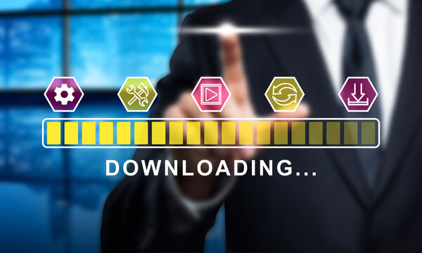 Downloading Process Concept: Businessman touching digital screen with loading bar. Progress bar, download, upload, installation, update concept