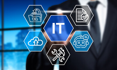 IT Solutions Concept: Businessman Touching Virtual Icons Representing Cloud Computing, Data Management, Automation, and AI for Business Growth