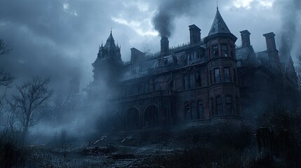 Haunted Victorian Mansion PNG with Gothic Architecture and Dark Fog for Horror, Halloween, and Mystery-Themed Artwork