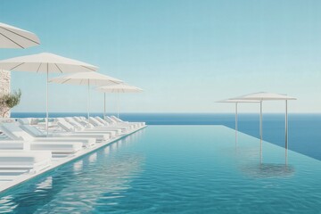 Obraz premium Serene infinity pool overlooking the ocean with white lounge chairs and umbrellas creating a minimalist and luxurious vacation aesthetic.