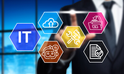 IT Solutions and Services: Businessman Touching Digital Icons for Cloud Computing, Automation, Cybersecurity, and Data Management