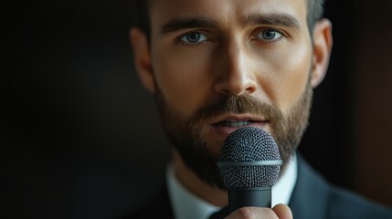 strong businessman holding a microphone, generative ai