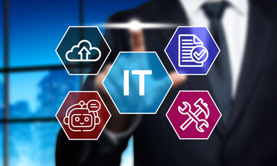 IT Solutions Concept: Businessman Touching Digital Interface with Cloud, Chatbot, Document, and Tools Icons for Modern Technology