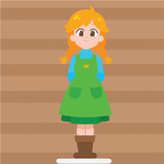 Cheerful Girl in Green Dress on Wood Background Illustration