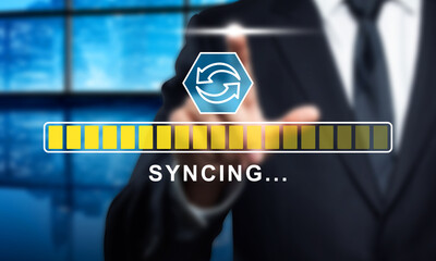 Data Syncing Progress Concept: Businessman Touching Virtual Screen with Loading Bar and Synchronization Icon. Modern Technology and Business Solutions