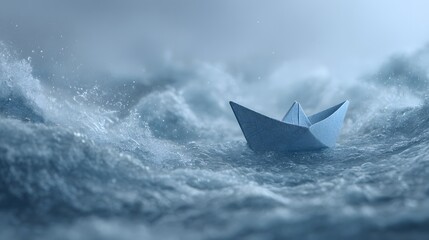 Obraz premium Minimalist Paper Boat Navigating Tumultuous Waves Amidst a Display of Competitive Survival on a Vast Lake