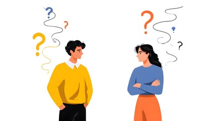 Business Dilemmas and Strategic Decisions Illustrated in a Flat Design: Man and Woman Navigating an Uncertain Road Ahead