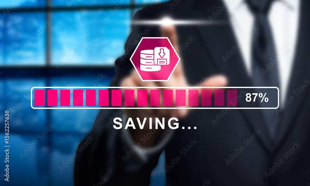 Poster data saving process: businessman touching virtual progress bar at 87%. concept of data backup, cloud