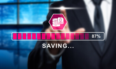Data Saving Process: Businessman Touching Virtual Progress Bar at 87%. Concept of Data Backup, Cloud Storage, and Digital Transformation.