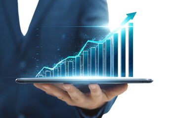 Business growth concept. Hand holding tablet showing rising graph.