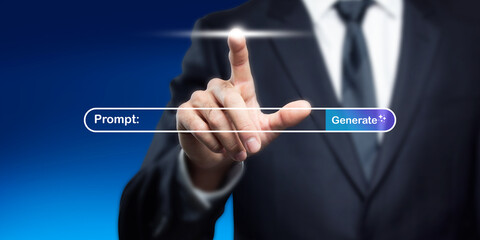AI Image Generation Concept: Businessman Interacting with AI Interface, Prompting and Generating Digital Content. Future Technology, Innovation.