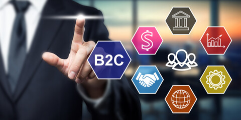B2C Business Concept: Businessman Touching Digital Interface with Financial Icons. Modern Technology and E-commerce Solutions for Success