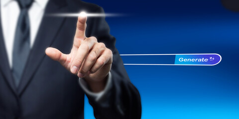Businessman touching virtual generate button. Concept of innovation, future technology, artificial intelligence. Modern business and solutions