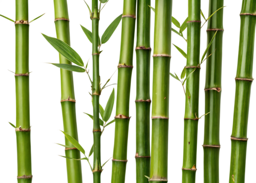 Several vibrant green bamboo stalks with visible nodes and small leaves isolated on a transparent background