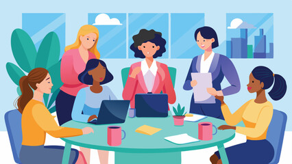 Diverse Businesswomen Team Meeting Around Table with Laptops and Coffee Mugs Illustration