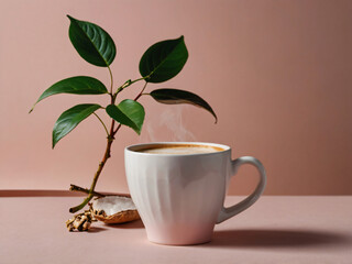 Calming Coffee Composition with Ceramic Cup and Delicate Green Branch – Soft Pink Backdrop