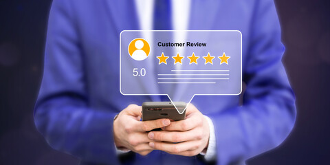 Excellent Customer Review on Mobile Phone: Man in Suit Checking 5-Star Rating. Online Reputation Management, Feedback, and Business Success Concept