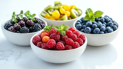 Healthy snack bowls on a white background, ideal for wellness, nutrition, and healthy eating visuals.