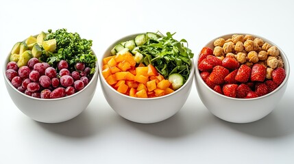 Healthy snack bowls on a white background, ideal for wellness, nutrition, and healthy eating visuals.