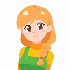 a cute girl with blonde hair and orange and green dress