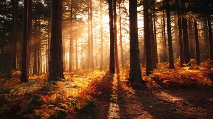 Obraz premium The warm sunlight filters through the tall trees in a tranquil forest