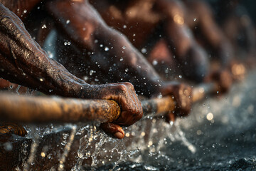 Close-up of intense paddling during the Nehru Trophy Boat Race, muscular arms, water splashing, focused faces of the oarsmen in traditional attire. 