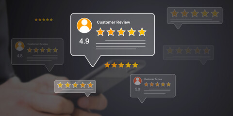 Customer Feedback on Mobile Phone with Star Ratings, Online Reviews and Testimonials Concept. Positive User Experience and Reputation Management.