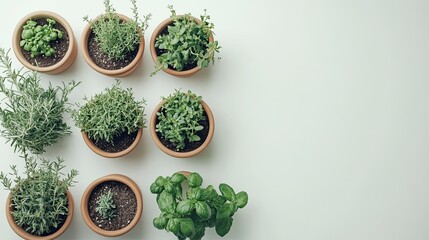 Herb garden pots on a white background, ideal for home gardening, culinary herbs, and kitchen decor visuals.
