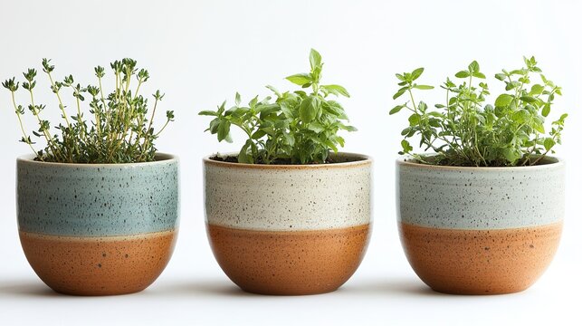 Herb garden pots on a white background, ideal for home gardening, culinary herbs, and kitchen decor visuals.