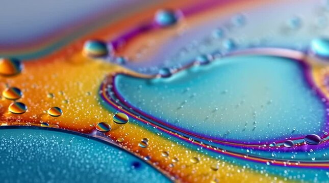 Colorful macro shot of oil drops floating on water surface with rainbow light reflection. Concept of abstract art, surreal aesthetics, and creative design inspiration