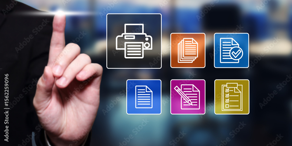 Poster document management system concept: hand touching digital interface with printer, files, and checkli