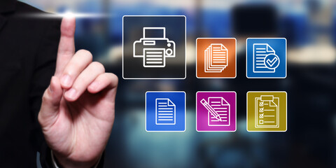 Document Management System Concept: Hand Touching Digital Interface with Printer, Files, and Checklist Icons for Business Efficiency
