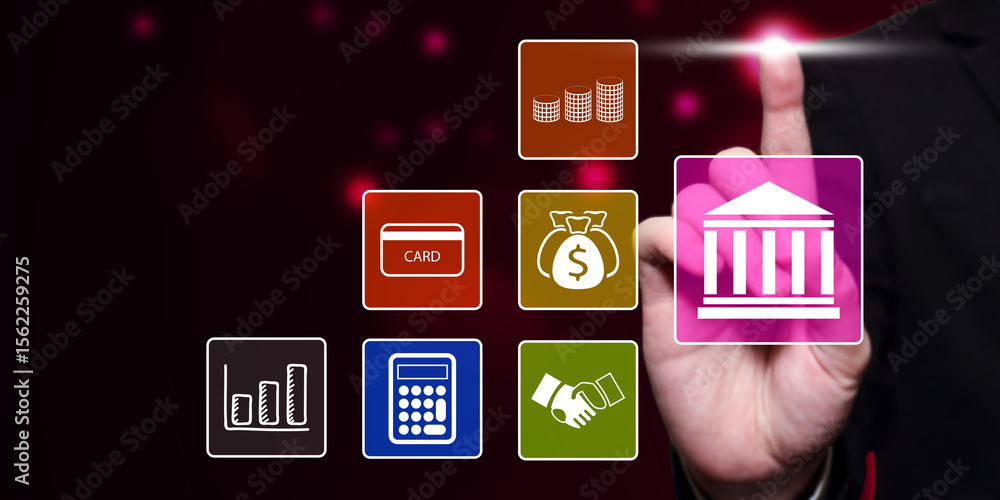 Poster banking and finance touchscreen interface: businessman interacting with digital financial icons on a