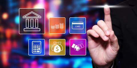 Digital Banking Interface: Businessman Touching Financial Icons on Screen. Modern Finance, Online Transactions, and Investment Concept - Stock Photo