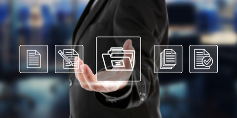 Digital Document Management Concept: Businessman Presenting Online File Organization and Workflow Automation Solutions for Business Efficiency