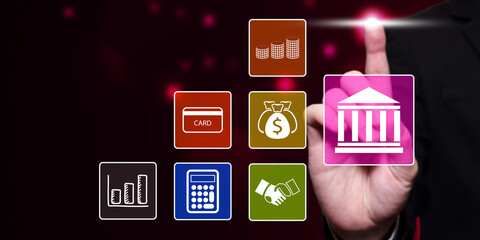 Banking and Finance Touchscreen Interface: Businessman Interacting with Digital Financial Icons on a Modern Touch Screen Display