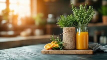 A composition featuring freshly squeezed orange juice alongside vibrant herbs and cut citrus slices, arranged artfully on a wooden board. This inviting scene conveys a refreshing approach to healthy 