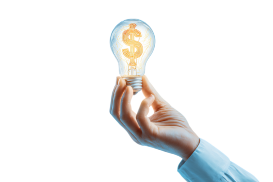 Hand holding a glowing lightbulb with a dollar sign inside.