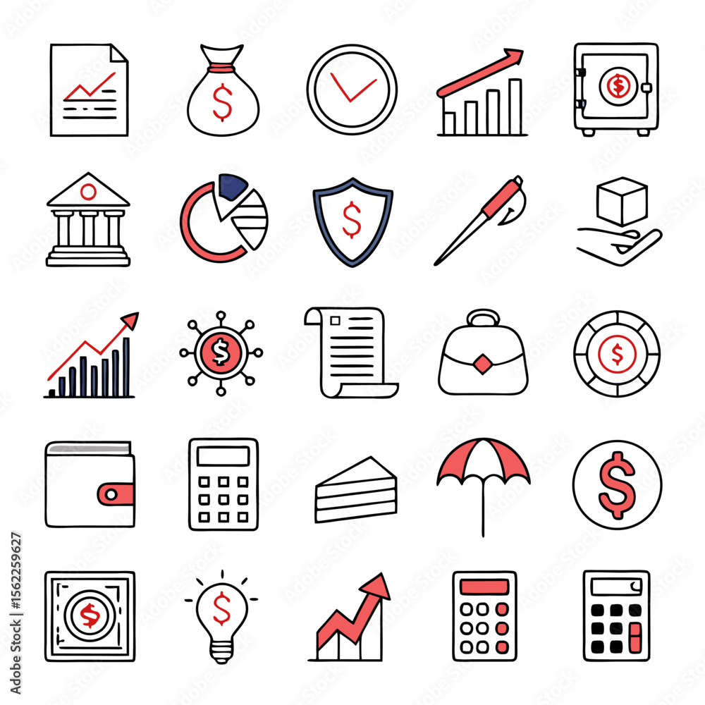 Poster a collection of financial and business icons featuring money graphs security and planning elements i