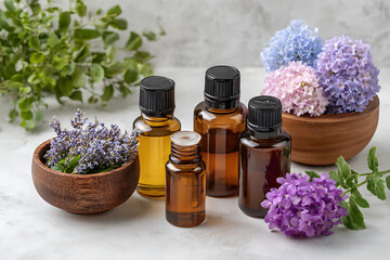 Amber bottles with essential oils and flowers lavender