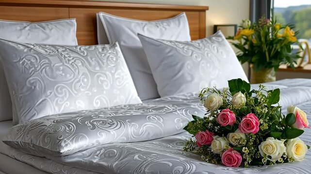 Beautifully arranged bouquet of flowers on elegantly decorated bed in cozy room with bright natural lighting