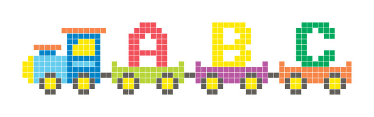 Colorful alphabet train with letters A, B, and C in pixel art style
