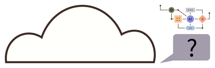 Cloud with process flow showing AI module and question mark in bubble. Ideal for technology, AI, data analysis, decision making, innovation, networking, future strategy. Simple flat metaphor