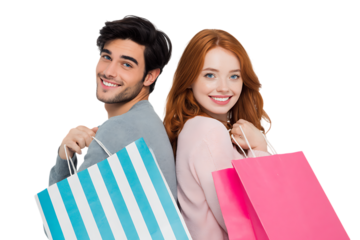 Smiling man and woman with shopping bags. Retail, consumerism, shopping.