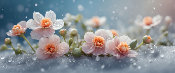 Delicate Pink Blossoms with Dewdrops Against a Soft Blue Background