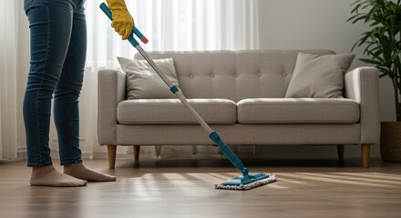 Fototapeta premium Person mopping home floor