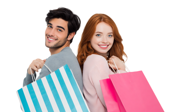 Smiling man and woman with shopping bags. Retail, consumerism, shopping.