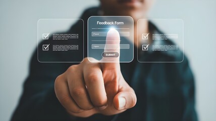 Person s finger touching virtual feedback form interface with checkmarks
